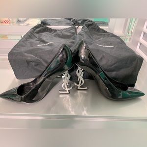 Yves Saint Laurent Black Patent Leather Opyum Heels with Silver YSL Logo Heels